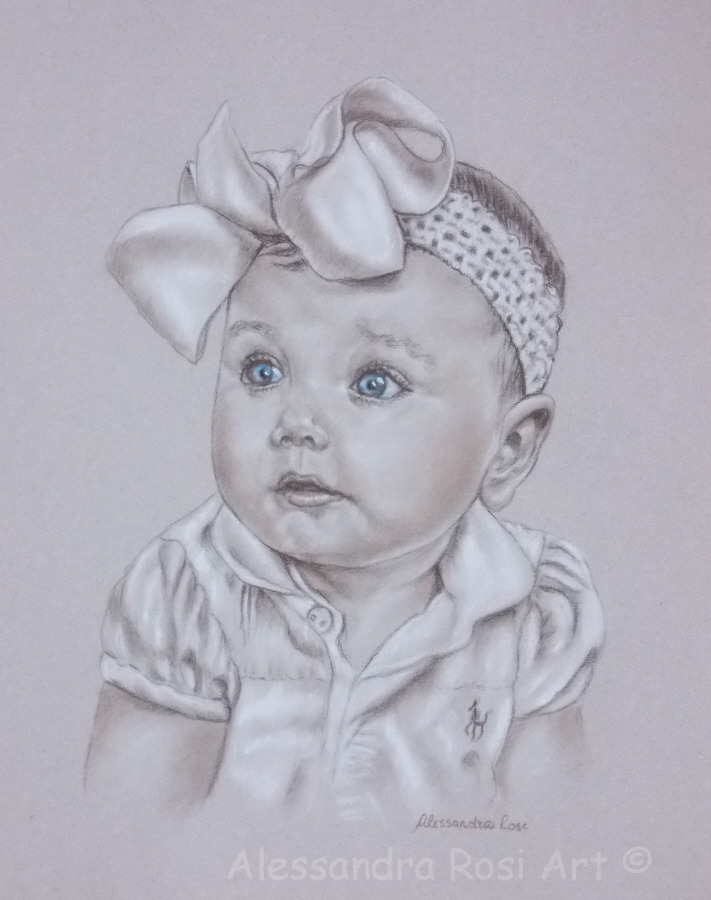baby portrait drawing commissioned from client's photos, sepia and charcoal portrait