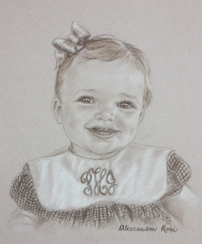 baby portrait drawing, sepia and charcoal portrait commission