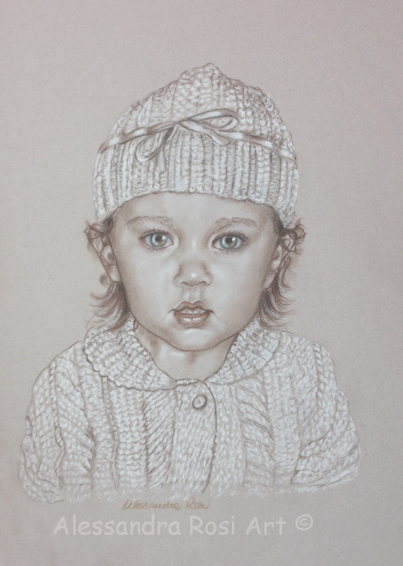 baby portrait drawing, children's portraits in sepia and charcoal