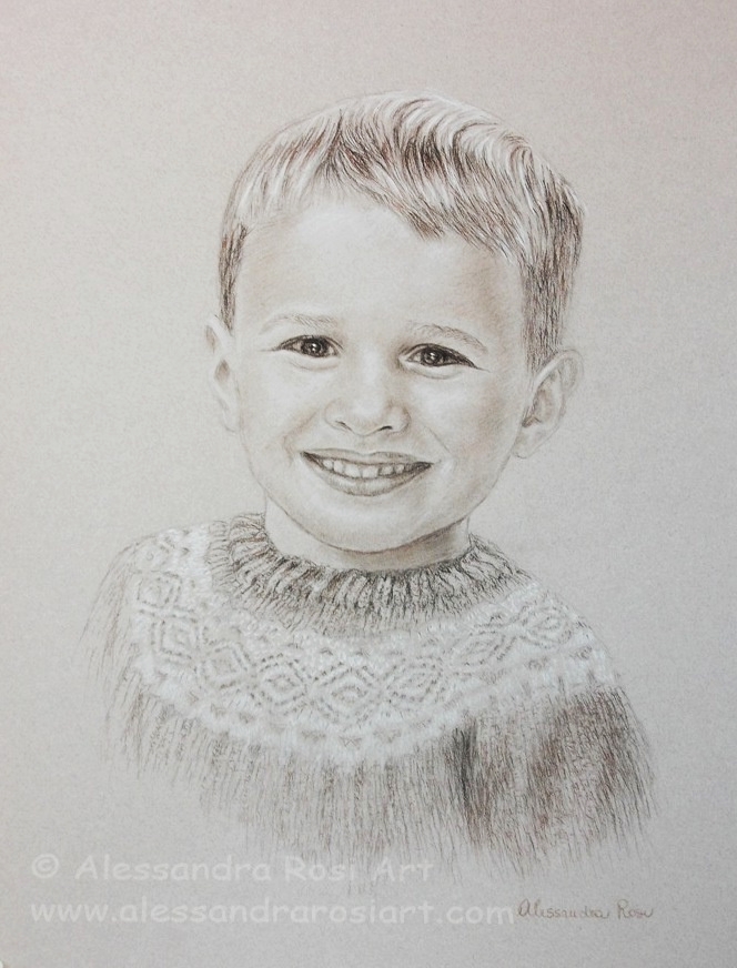 child portrait drawing commissioned from photo in ccharcoal and sepia pencil