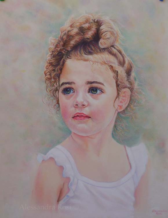 child portrait painting, pastel portrait drawing of a little girl