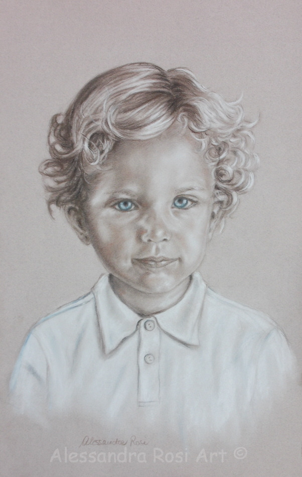child portrait drawing, sepia pencil portrait commissioned from photo, personalized portrait