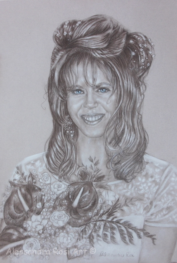 wedding portrait, bride portrait drawing in sepia and charcoal