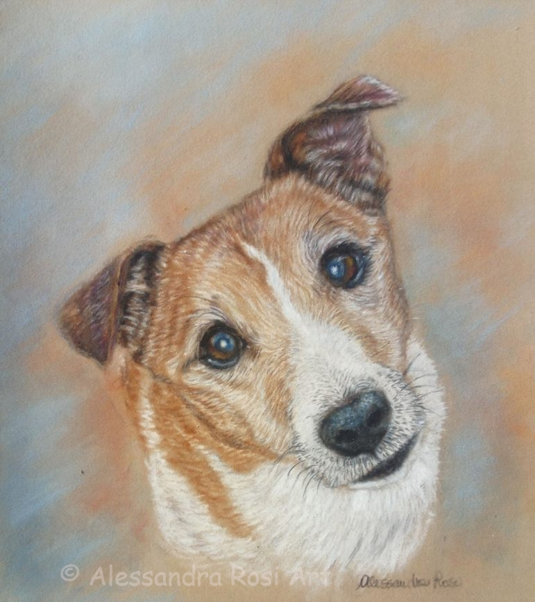 dog portrait painting in oil pastels, mix breed dog portrait