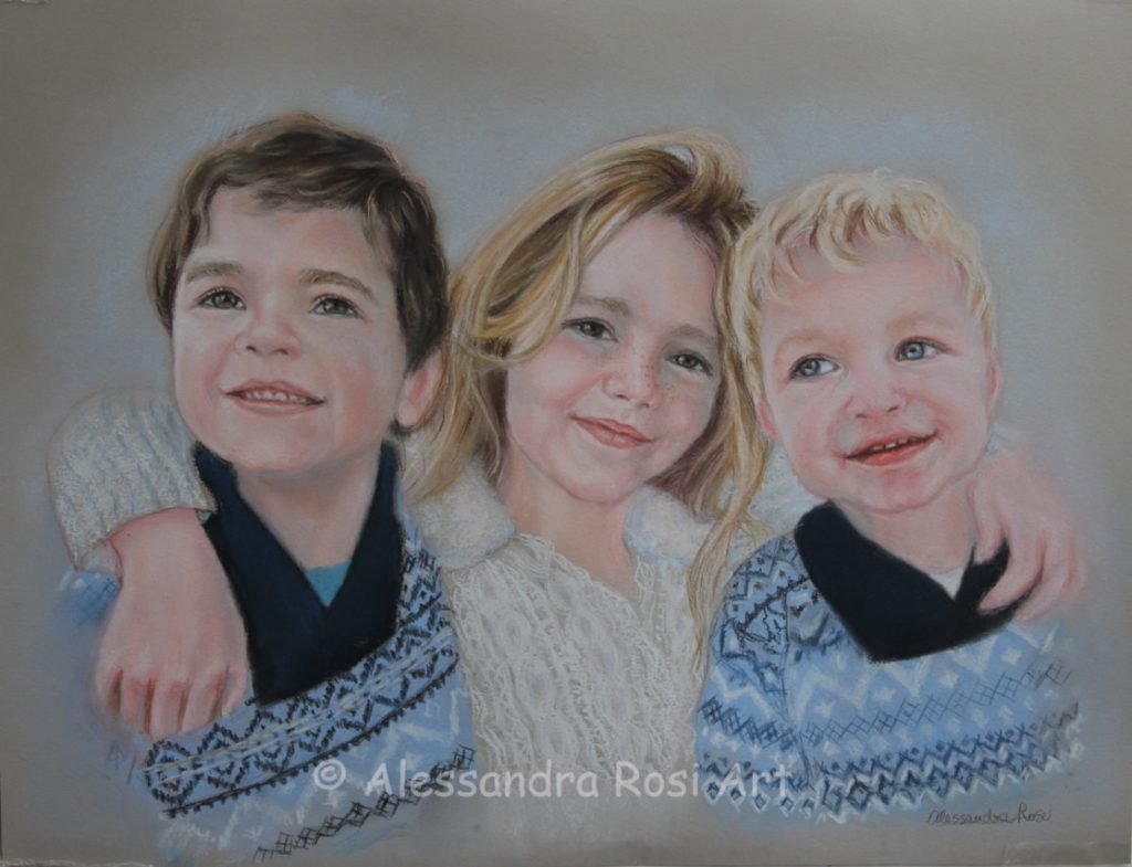 Family portrait, three children portrait group, pastel portrait painting from photo
