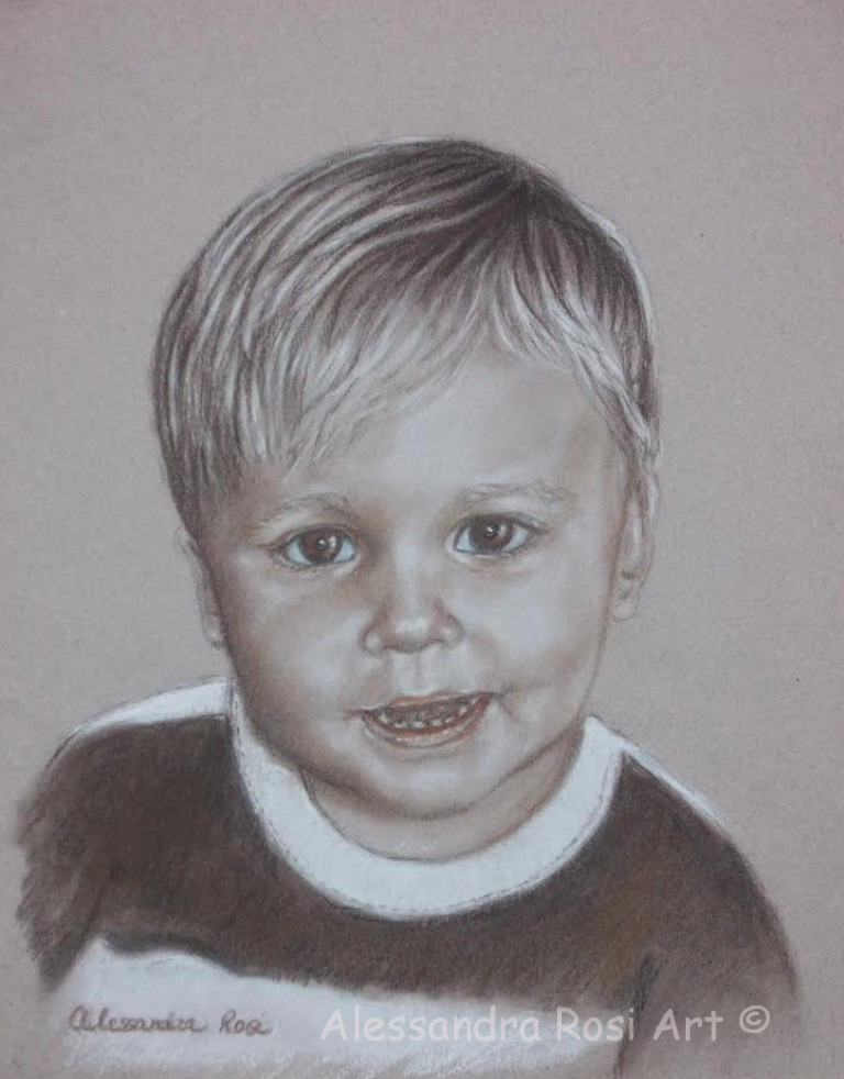 children portrait in sepia and charcoal, commissioned from photo
