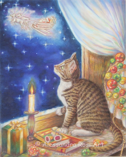 Christmas painting, catart, cat waiting for santa art, art licensing portfolio painting, traditional art