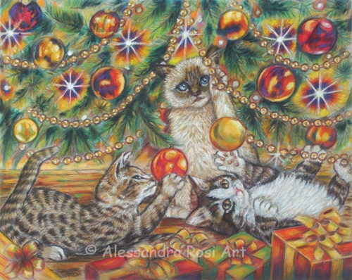 Christmas painting, kittens under the tree art, art licensing artist's portfolio painting