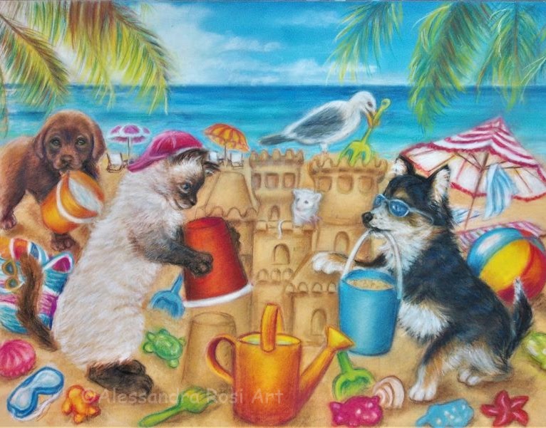 summer portfolio paintings, art licensing painting, kittens at the beach art, sandcastle art, funny paintings