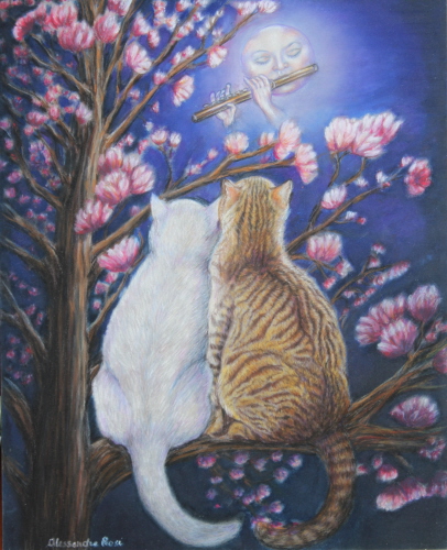 kittens and the moon painting, fantasyl painting, Valentine's art, cats under the moon