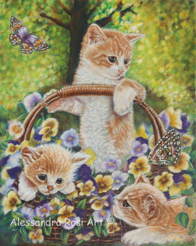 kittens painting, ginger cats and flowers in a basket art, whimsical painting, puppies art 
