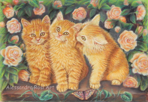 three kittens among roses painting, art licensing art, cute puppies painting, uplifting art, nostaligc art