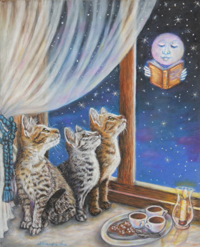 kittens illustration,  animals painting, kittens at the window painting, fantasy art