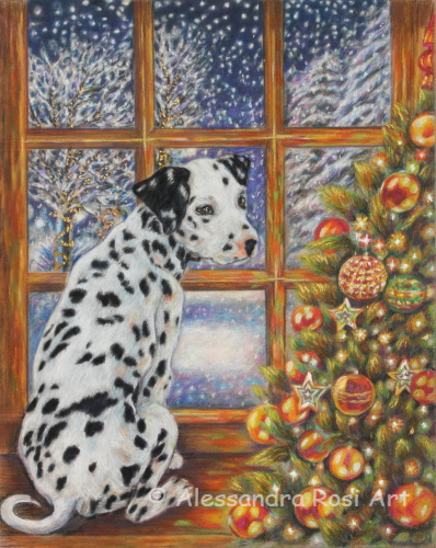 christmas painting, puppy dog art by hte christmas tree art, art licensing painting
