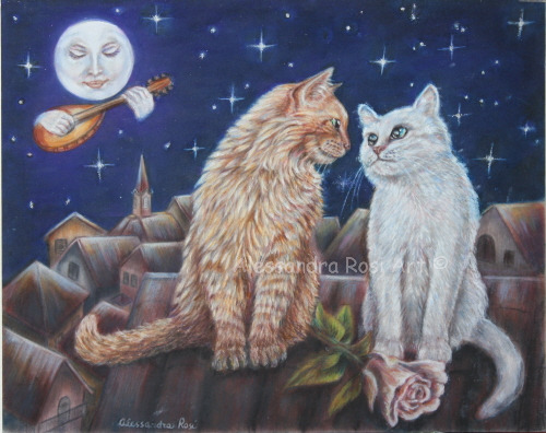 romantic cats art, Valentine's art, cats and the moon painting, art licensing painting