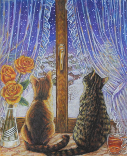 cats at the window painting, whatching the snow fall art, art licensing painting